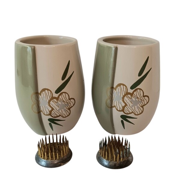 Vintage Miniature Flower Vase With Metal Flower Frog Green Cream Gold Set Of Two - Picture 1 of 10
